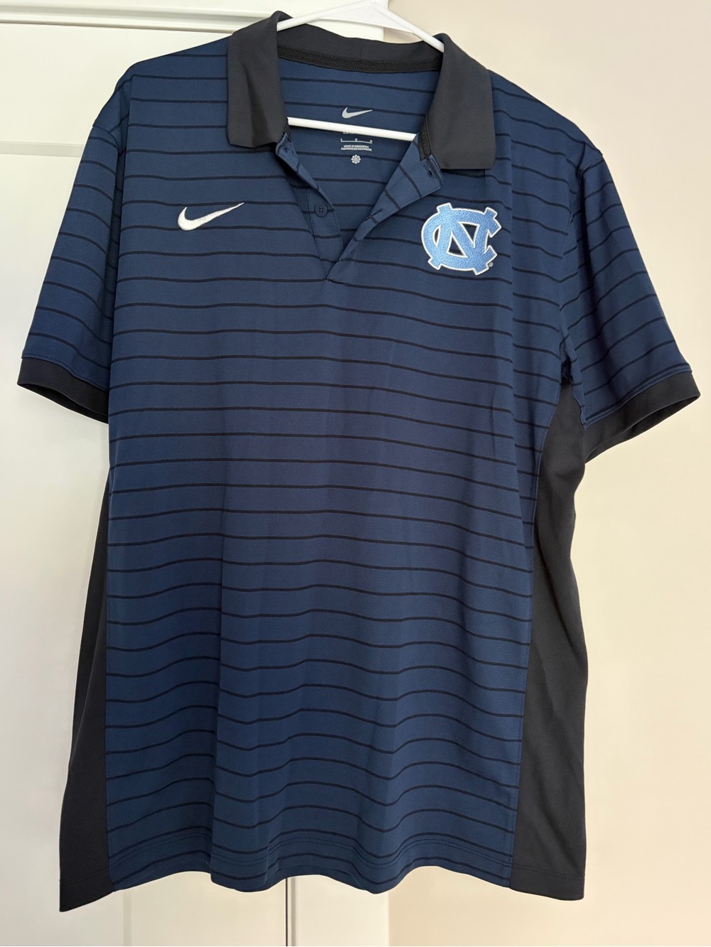 Nike Men's Navy and Black Striped UNC Polo - Size L